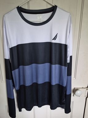 Striped Long Sleeve Performance Shirt in White, Navy & Slate